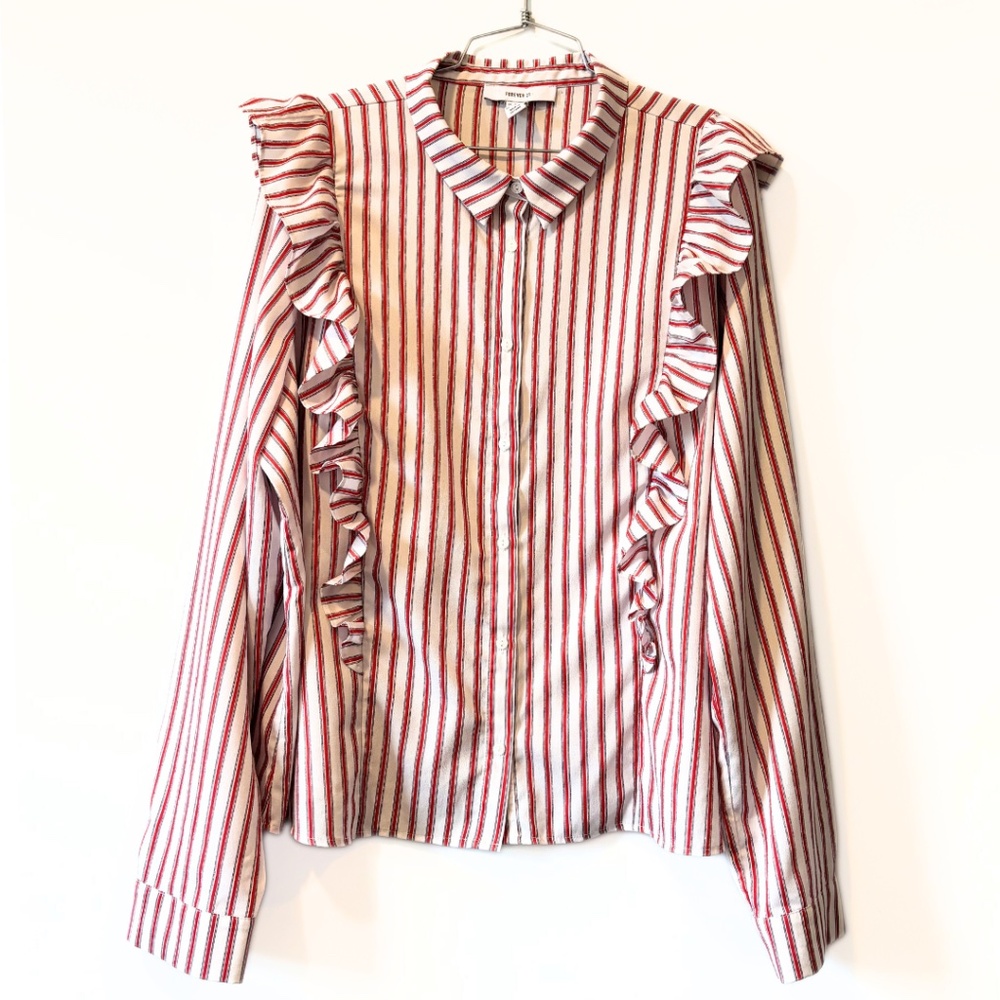 Forever 21 Striped Ruffle Button-Front Blouse Size 3X